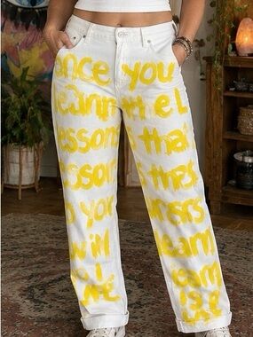 Hand painted streetwear upcycled size 12 skinny boyfriend jeans